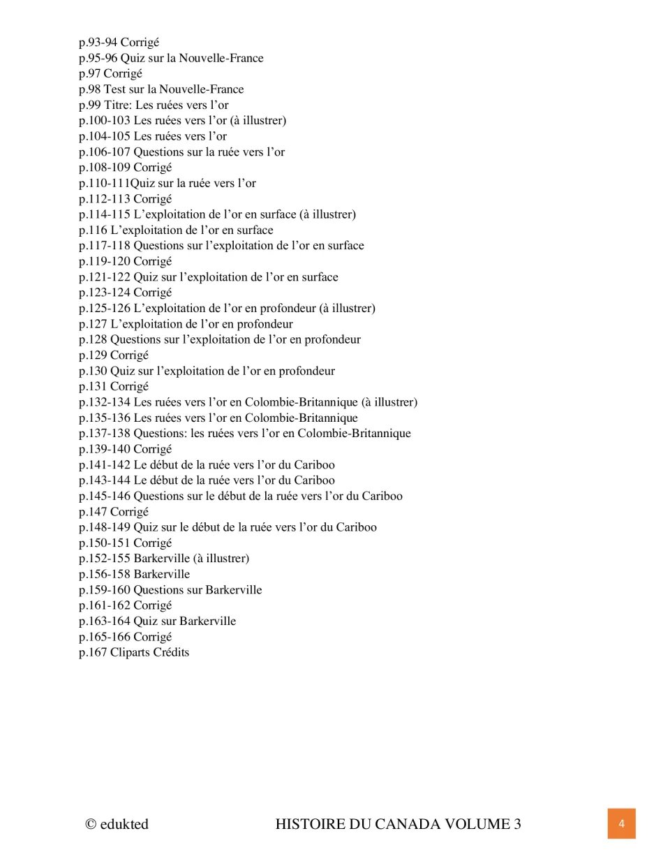 Second contents page lists New France assessments and gold rush lessons, questions, quizzes, and answer keys