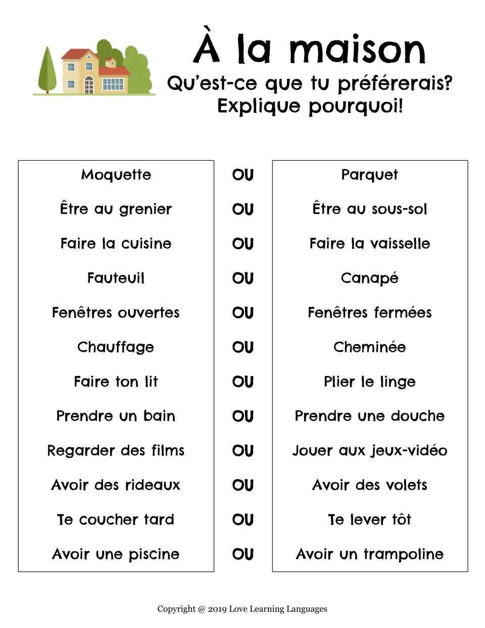 French home preference activity: 12 choices, including moquette (carpet) or parquet (wood flooring).