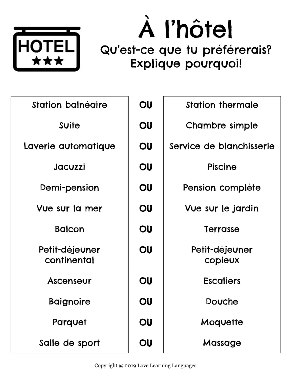 French hotel vocabulary activity: 12 pairs, including balcon (balcony) or terrasse (terrace), to choose from.