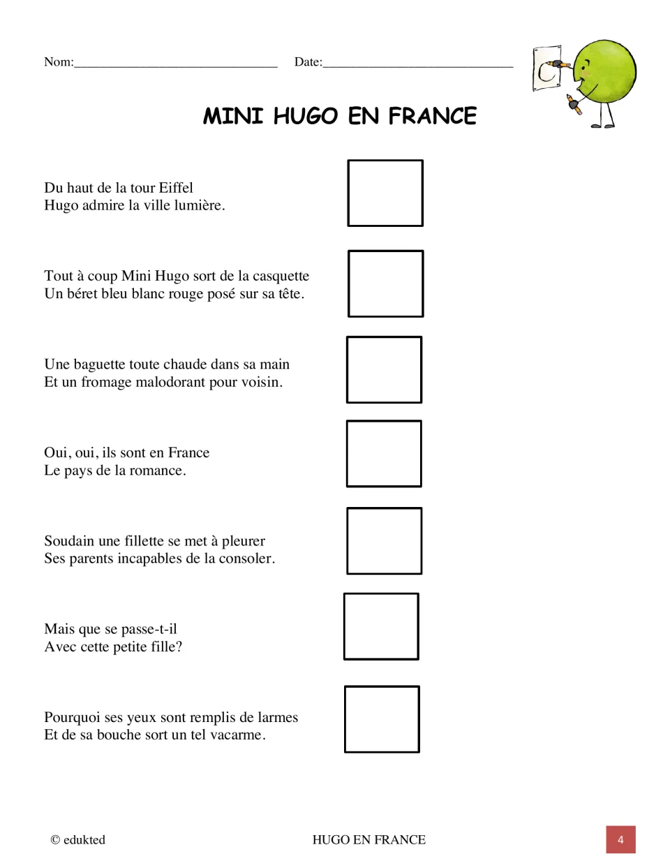 Mini Hugo en France, part 1: seven couplets from the Eiffel Tower to a crying girl, each with a drawing space