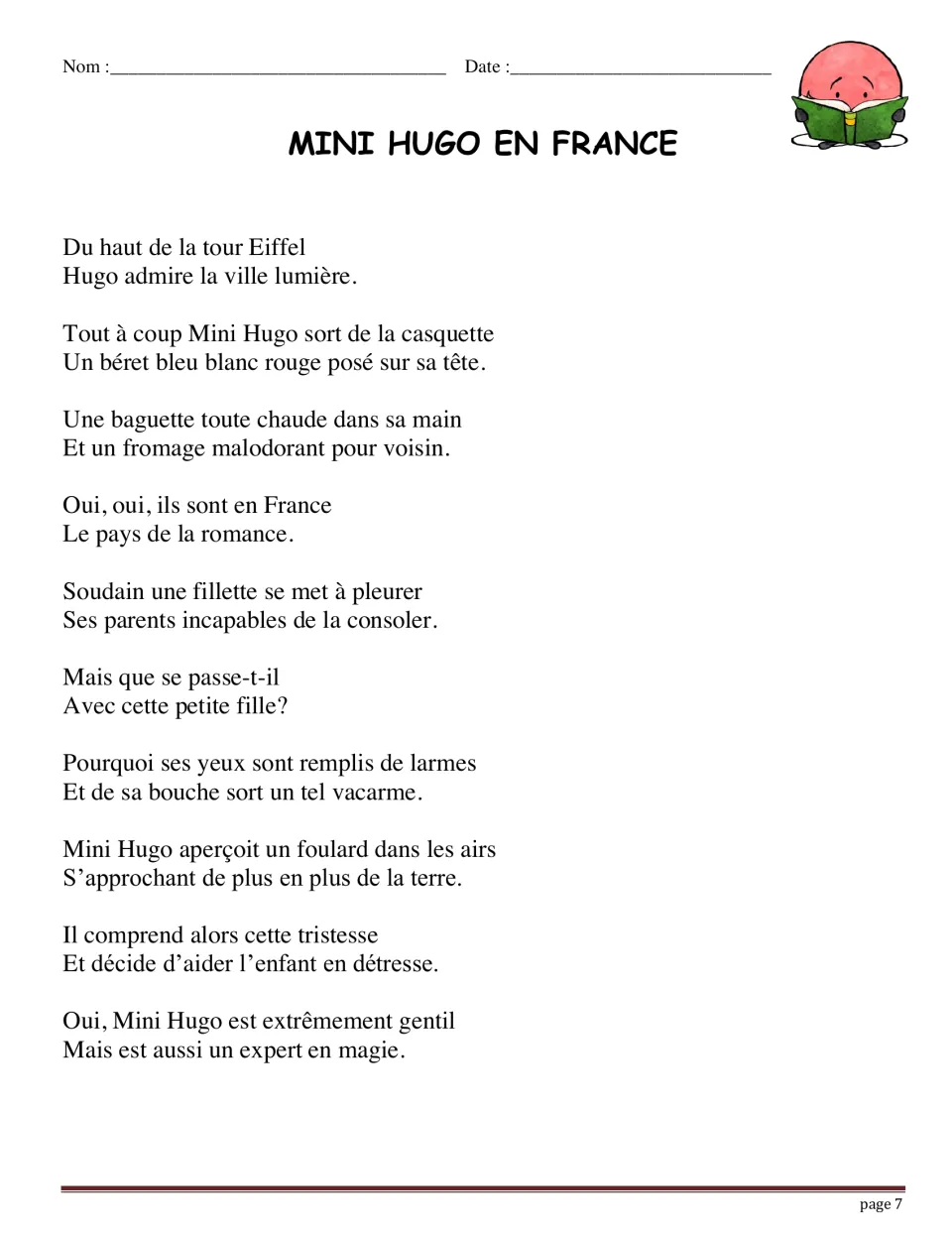 French poem Mini Hugo en France, first half: Hugo at the Eiffel Tower in a béret notices a crying girl and a falling scarf