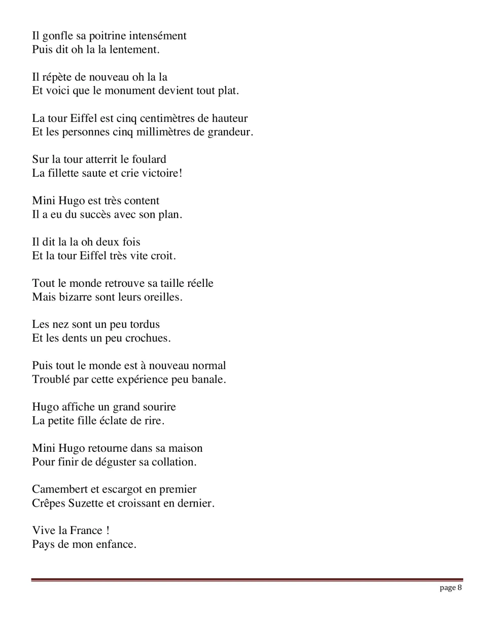 French poem, second half: Hugo's oh la la magic flattens the tower, the girl gets her scarf, ending with Vive la France