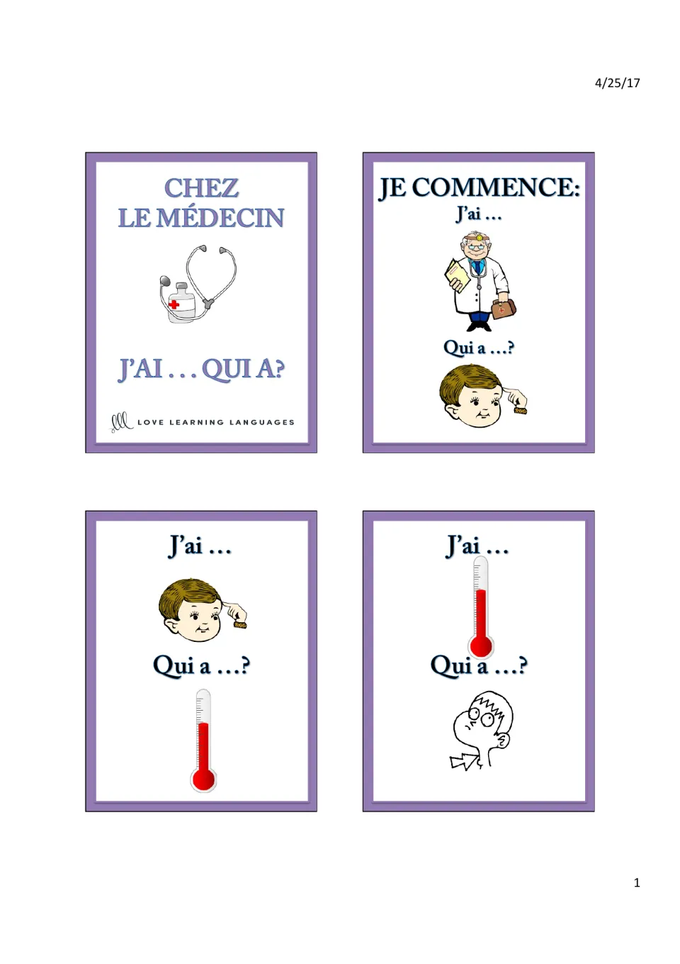 Title card 'Chez le médecin', 'Je commence' start card, J'ai/Qui a cards: headache, fever, sore throat pictures