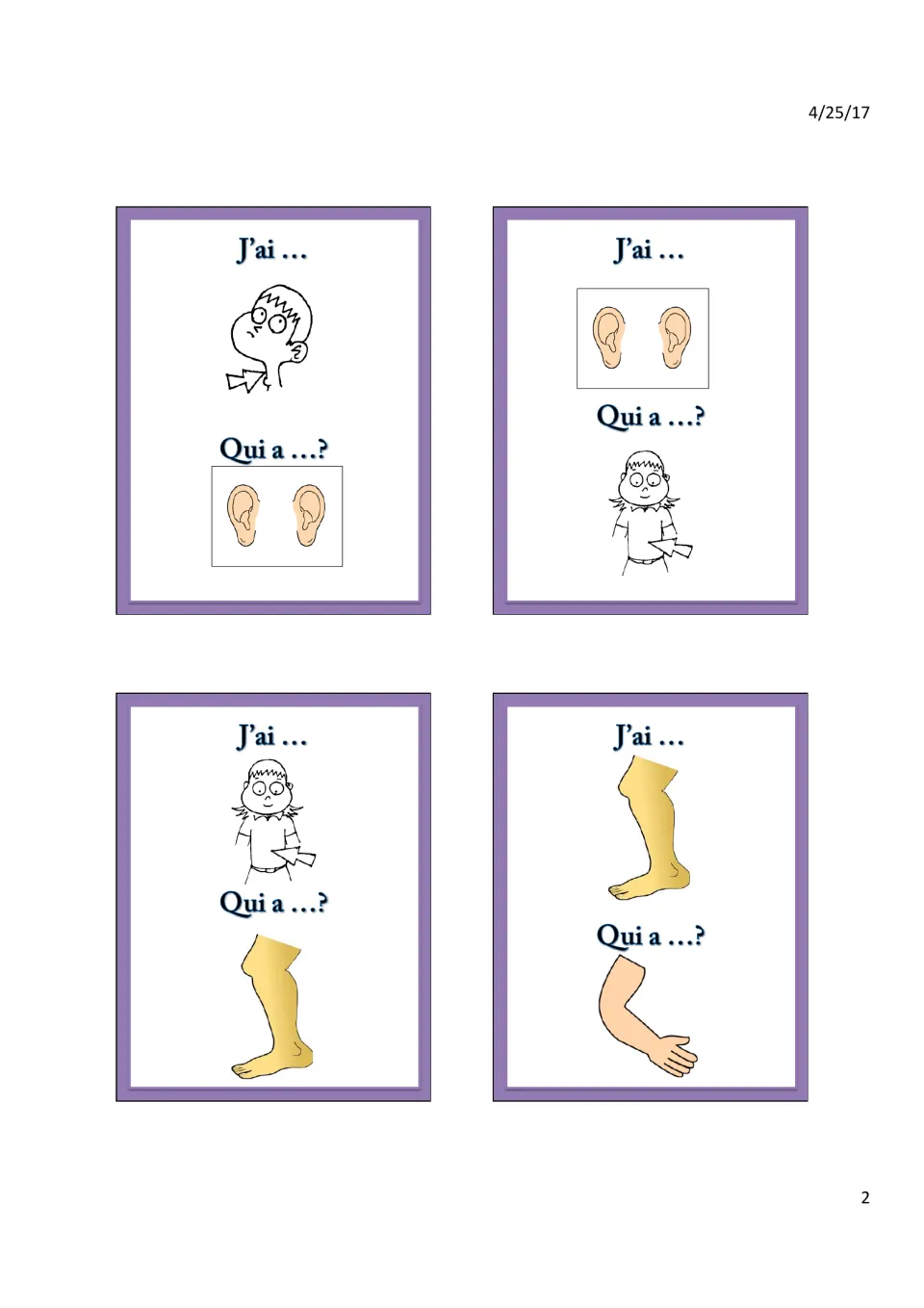 Cards linking sore throat to ears, ears to stomach, stomach to leg, and leg to arm, each with 'J'ai…' and 'Qui a…?'