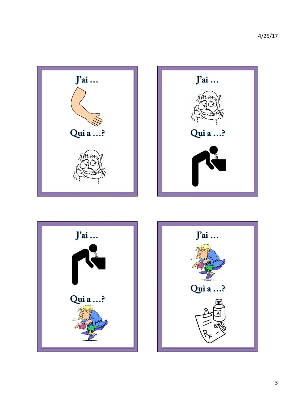 Picture cards chaining arm to chills, chills to vomiting, vomiting to a sneezing child, then to a prescription