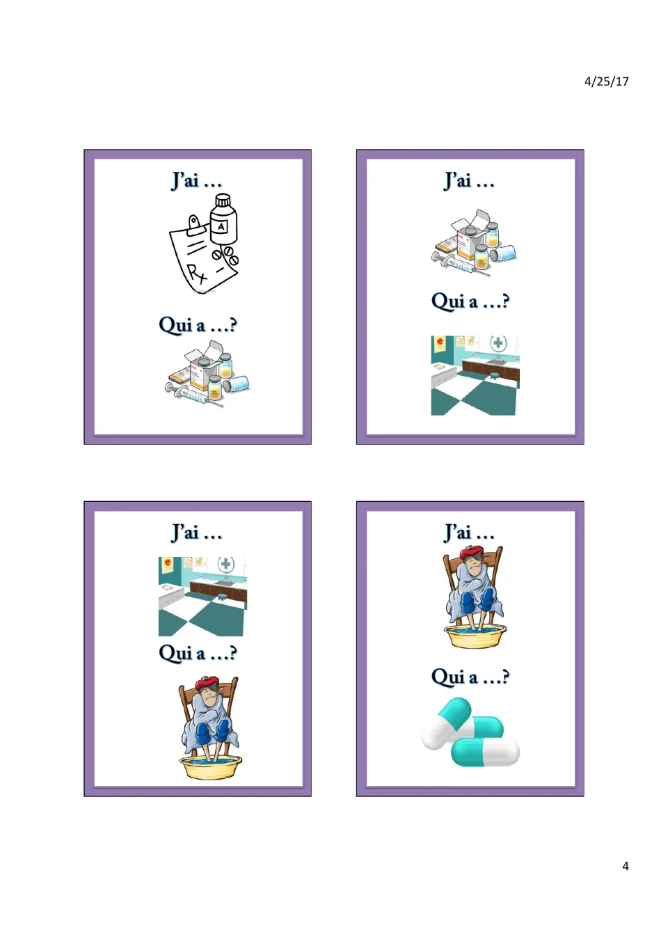 Cards chaining prescription to medicines to doctor's office to a sick person in a footbath, then to pills