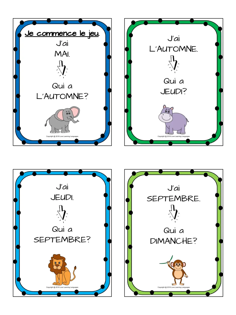 French calendar words chain game: starter card "Je commence le jeu" (mai), then cards for l'automne, jeudi, septembre