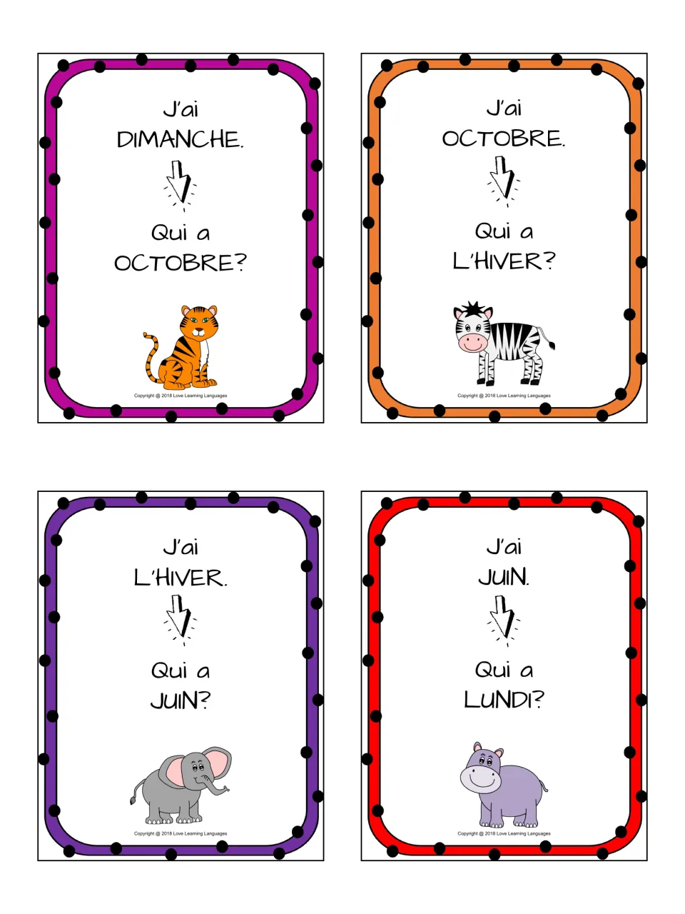Four J'ai / Qui a? cards: students listen and answer with dimanche, octobre, l'hiver and juin, each asking the next word