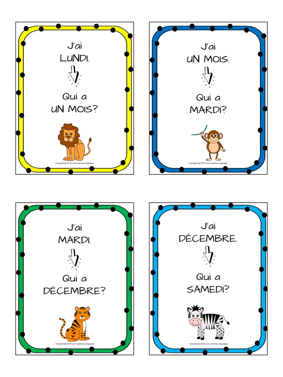 Listening cards in French for lundi, un mois, mardi and décembre, each card asking Qui a...? for the next calendar word
