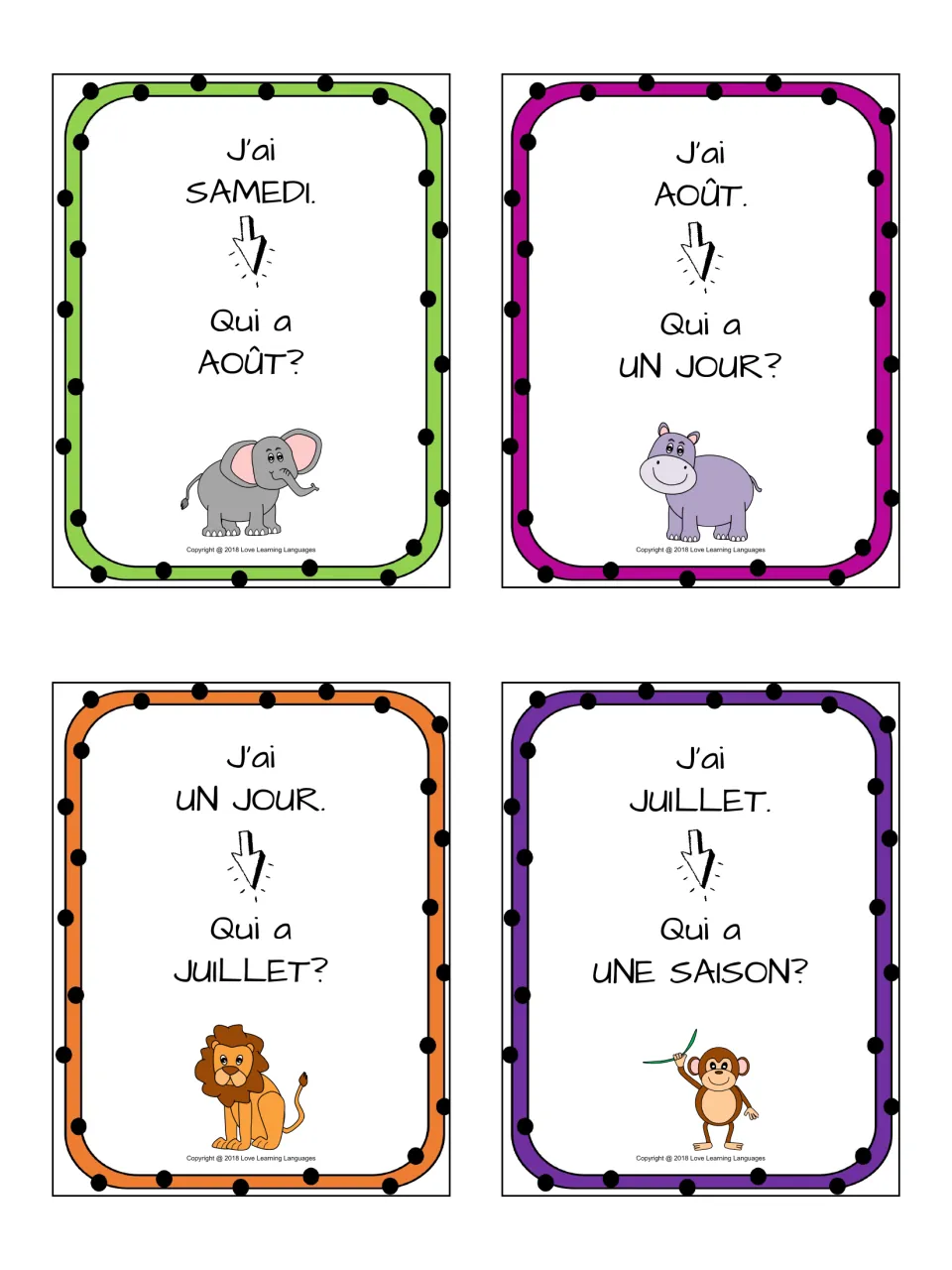 French vocabulary cards for samedi, août, un jour and juillet; each holder reads J'ai... then asks Qui a...?
