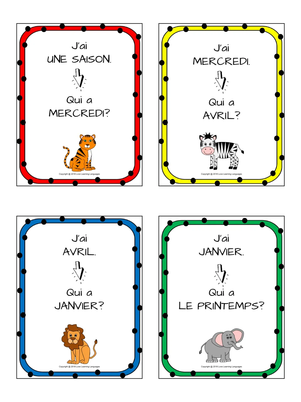 Chain cards practising French time words une saison, mercredi, avril and janvier; the last asks Qui a le printemps?
