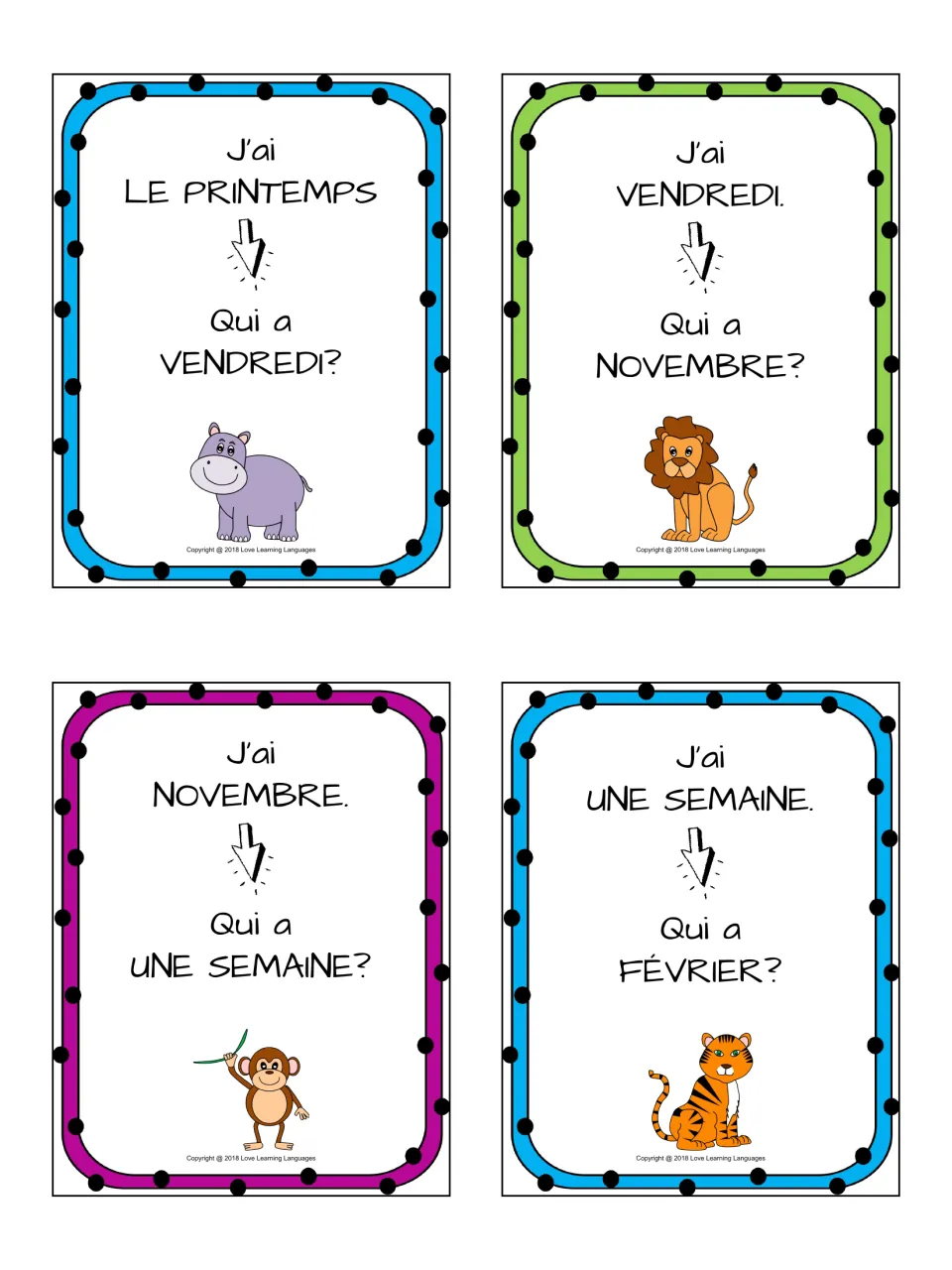 French calendar vocabulary: le printemps, vendredi, novembre, une semaine; players respond on hearing their word