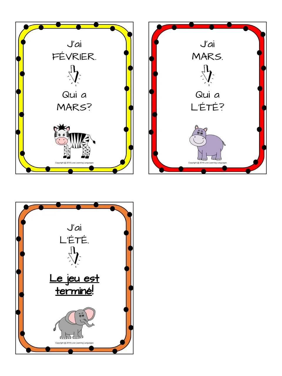 Last French cards: février, mars and l'été, ending with the closing card "Le jeu est terminé!" to finish the chain