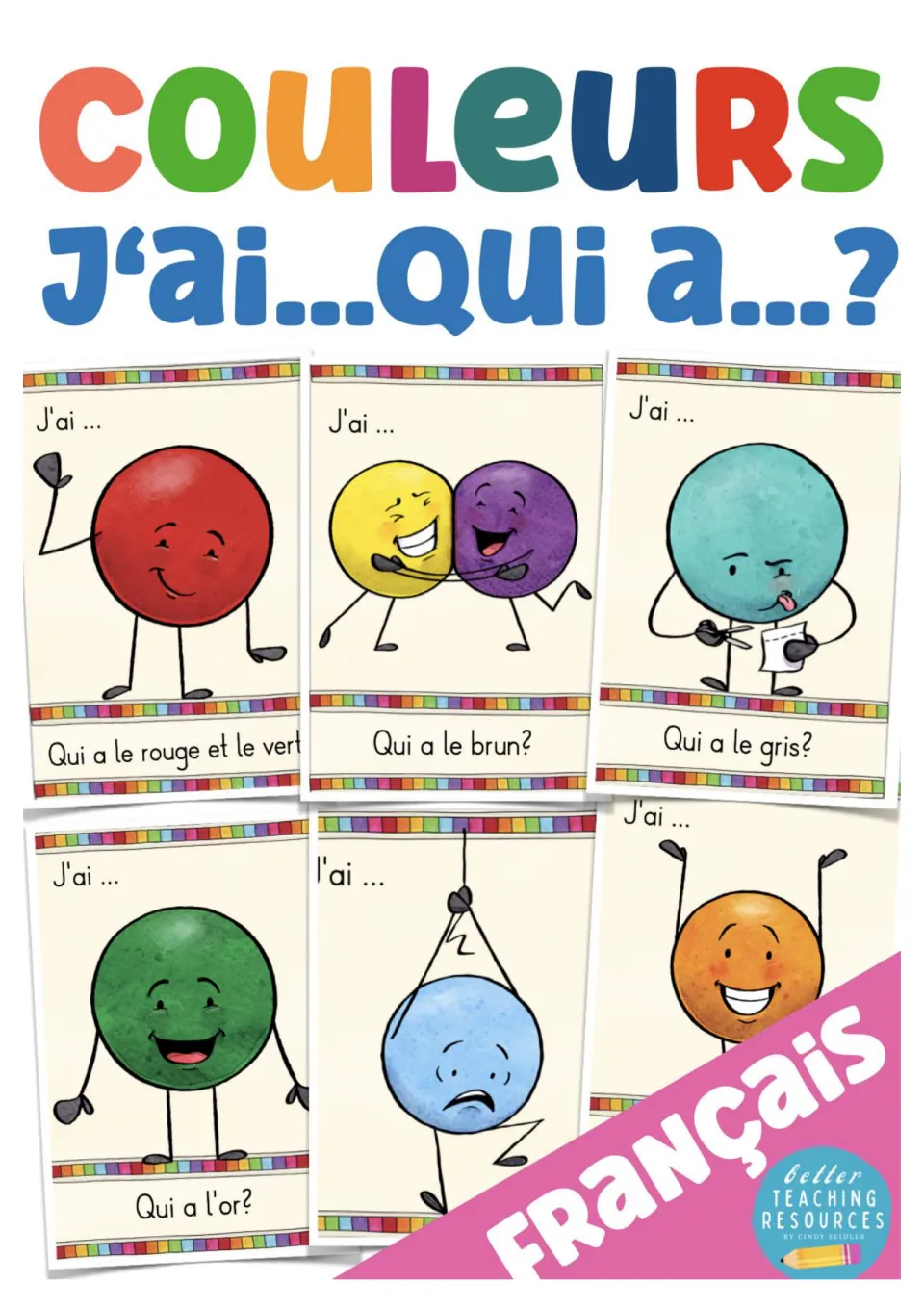French color vocabulary game cover titled “Couleurs” (colors), showing sample “J’ai… Qui a…?” cards
