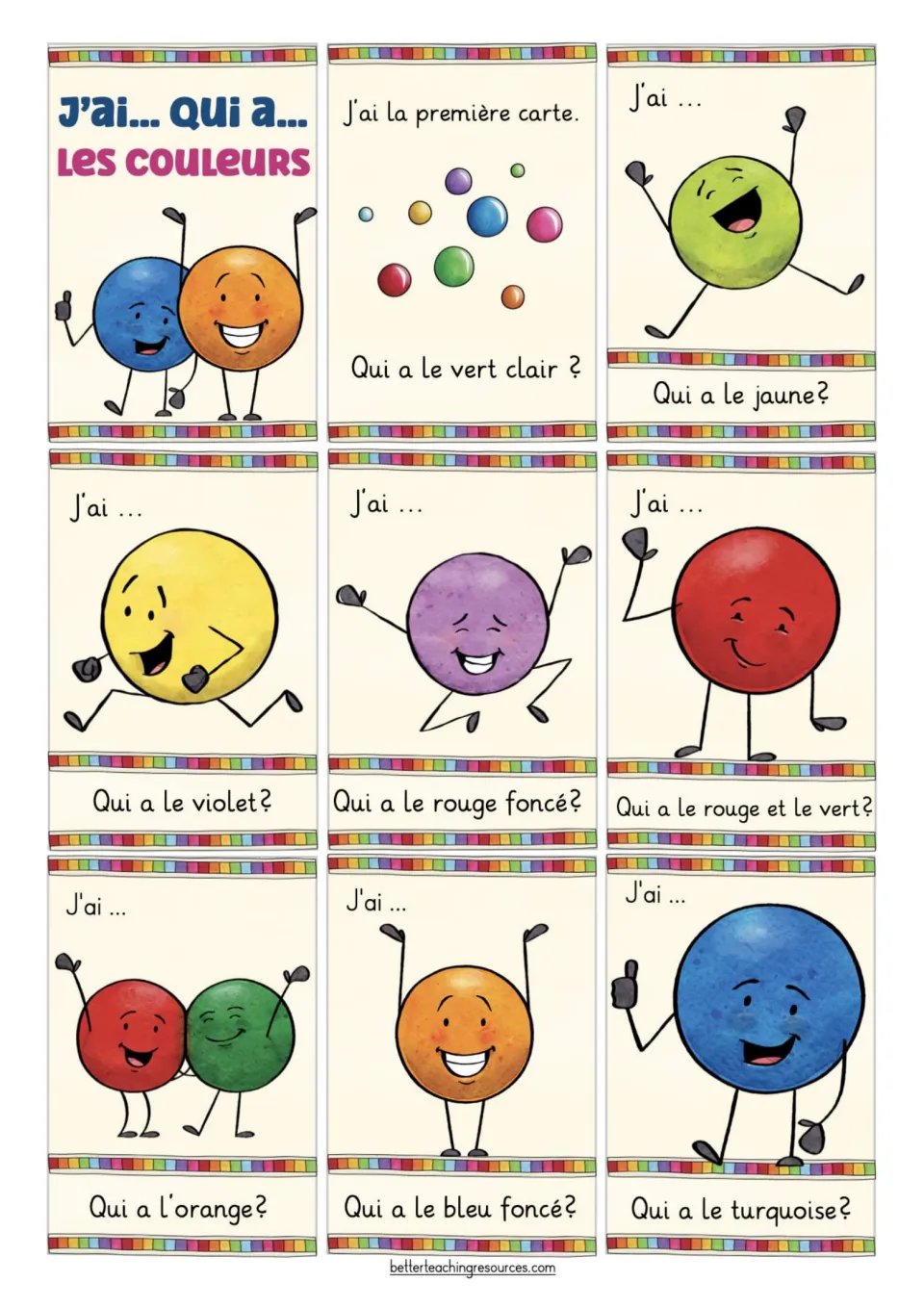 French color game cards 1–8 and title card, starting with “Qui a le vert clair?” (Who has light green?)