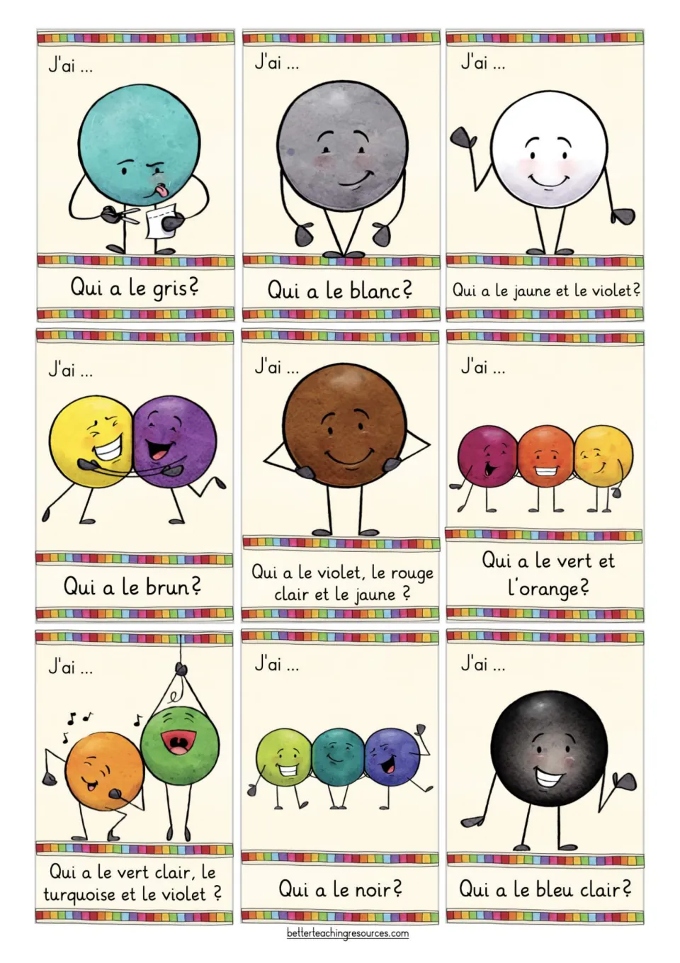 French color game cards 9–17 feature turquoise, gris (gray), blanc (white), brun (brown), and color groups