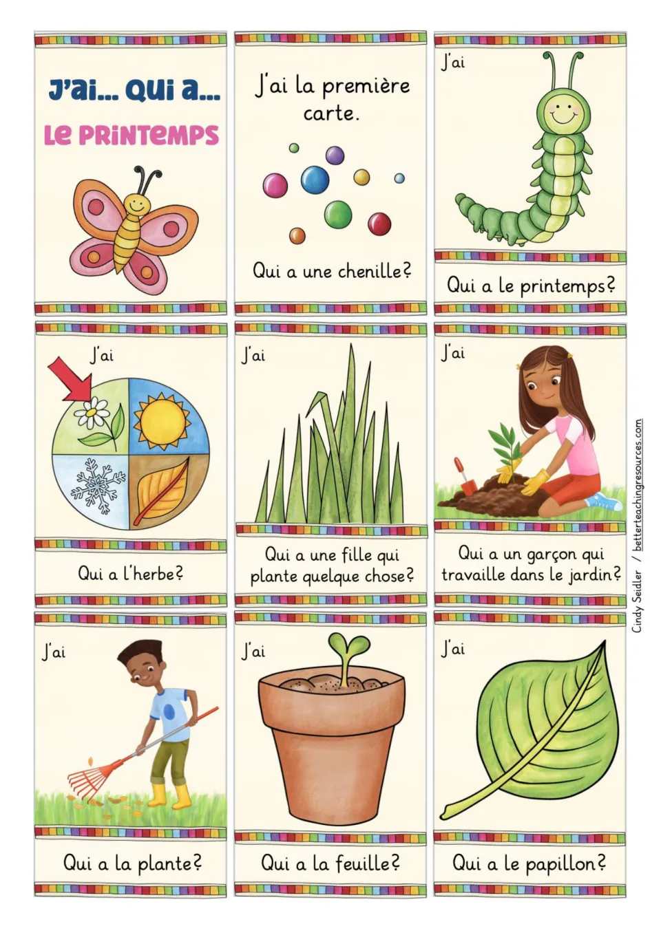 French spring game title card and playing cards 1–8, including chenille (caterpillar) and herbe (grass)