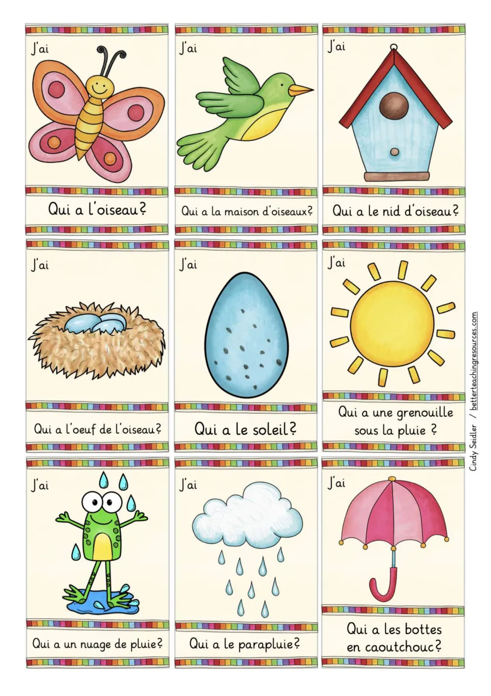French spring playing cards 9–17: papillon (butterfly), oiseau (bird), birdhouse, nest, egg and four more