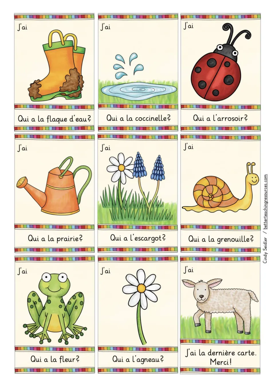 French spring playing cards 18–26: boots, puddle, coccinelle (ladybug) and six more, ending with a lamb