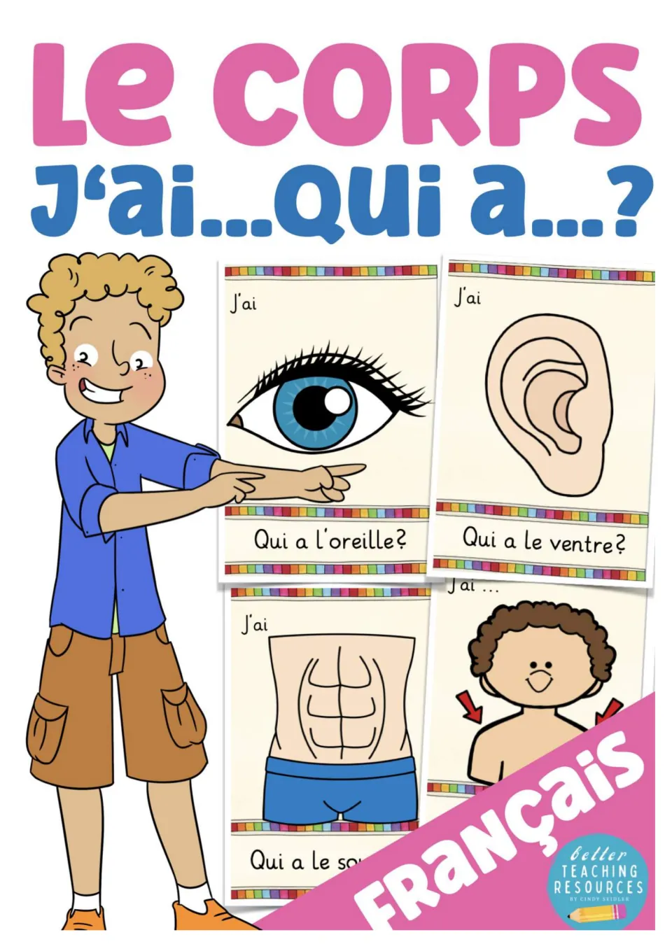 Cover of the French body-vocabulary game, showing sample eye, ear, belly, and shoulder cards