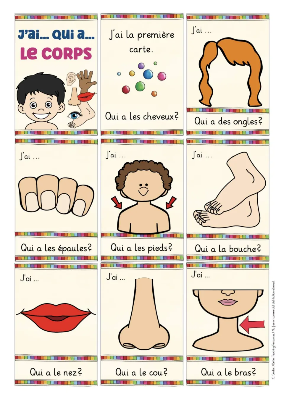 First game sheet: title, starting card, and seven body cards, including les cheveux (hair) and le nez (nose)
