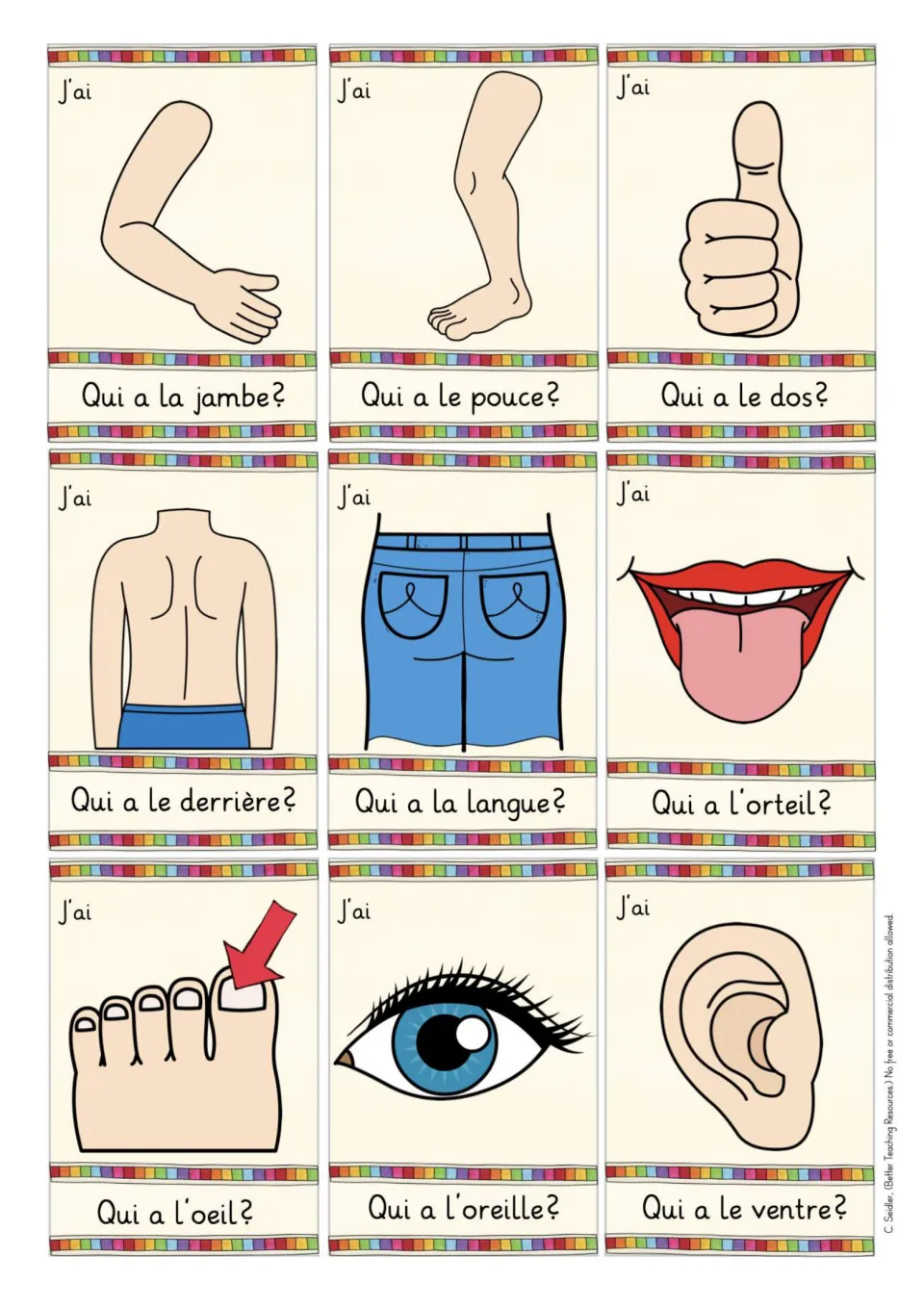Second game sheet: nine body cards showing an arm, leg, thumb, back, bottom, tongue, toe, eye, and ear