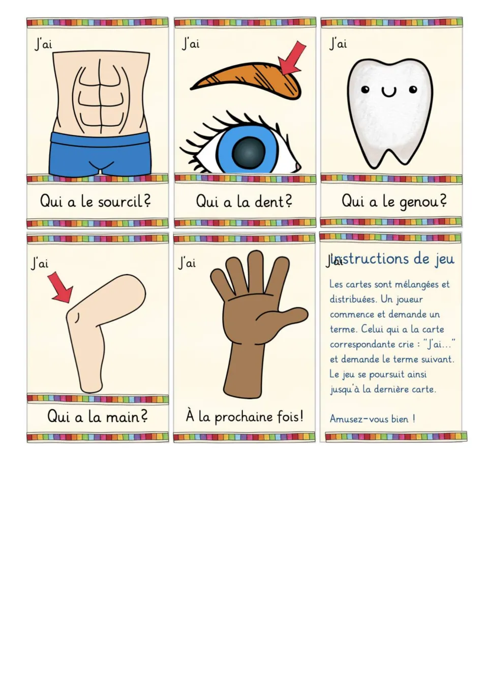 Final game sheet: belly, eyebrow, tooth, knee, and hand cards, plus French instructions for the chain game