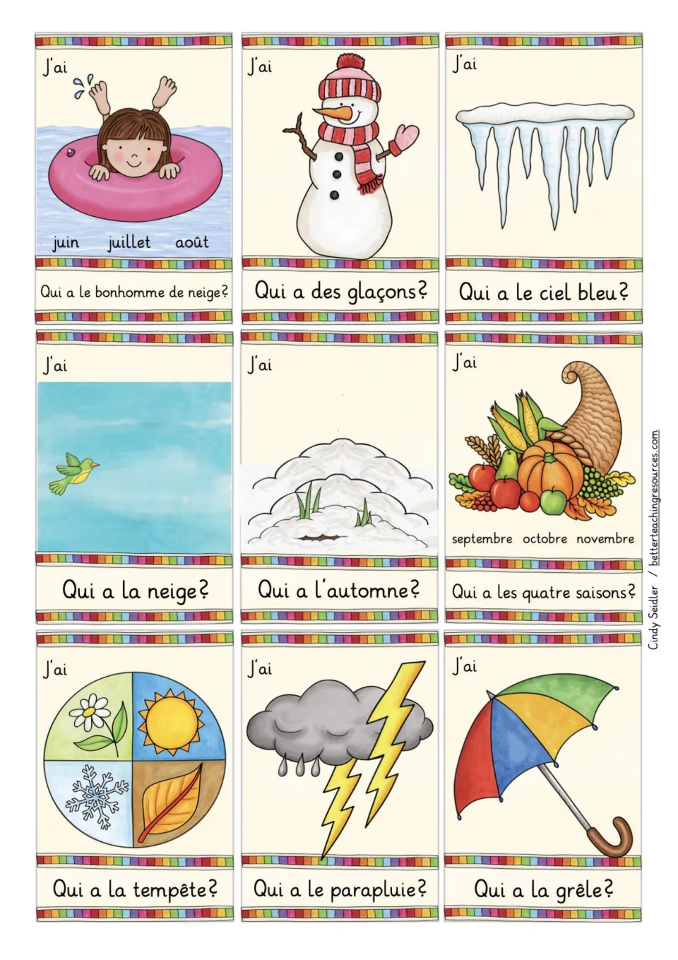 Season and weather cards in French: summer, snowman, icicles, blue sky, snow, autumn, four seasons, storm and umbrella