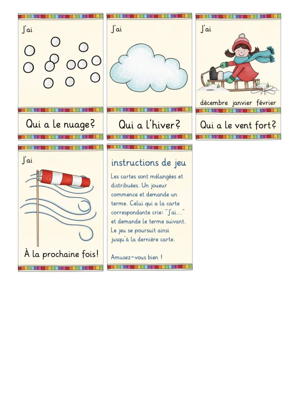 Last French cards: hail, cloud, winter, strong wind ending 'À la prochaine fois!', plus French game instructions