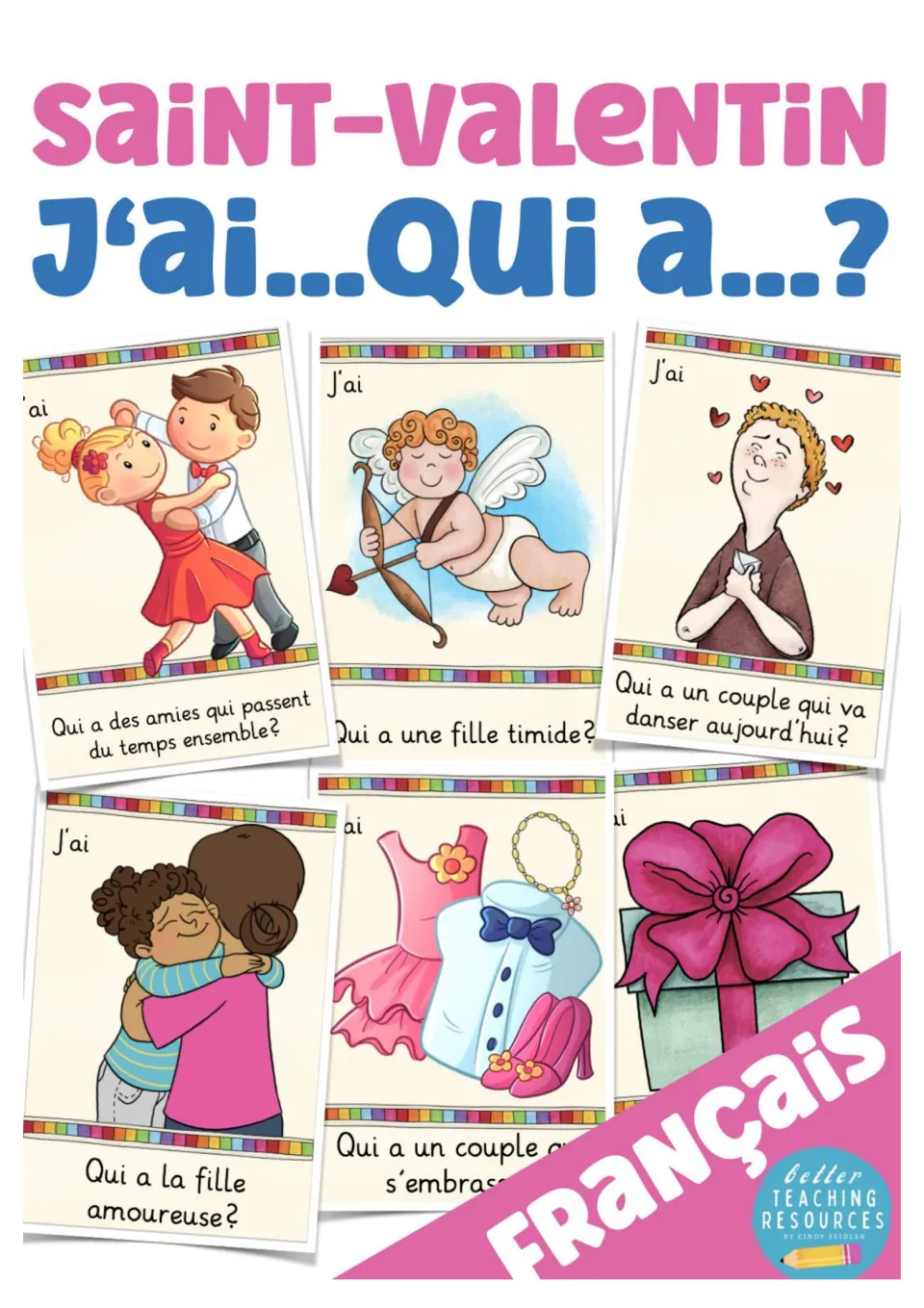 Cover of the French Valentine's Day card game, featuring J’ai… Qui a…? (I have… Who has…?) and sample cards