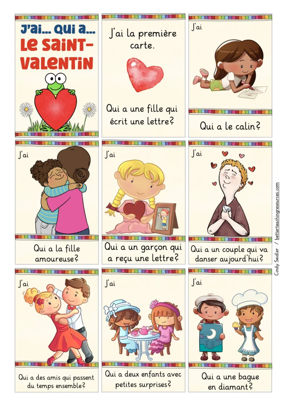French game cards 1–8: starting heart, letter writer, hug, girl in love, letter recipient and three more