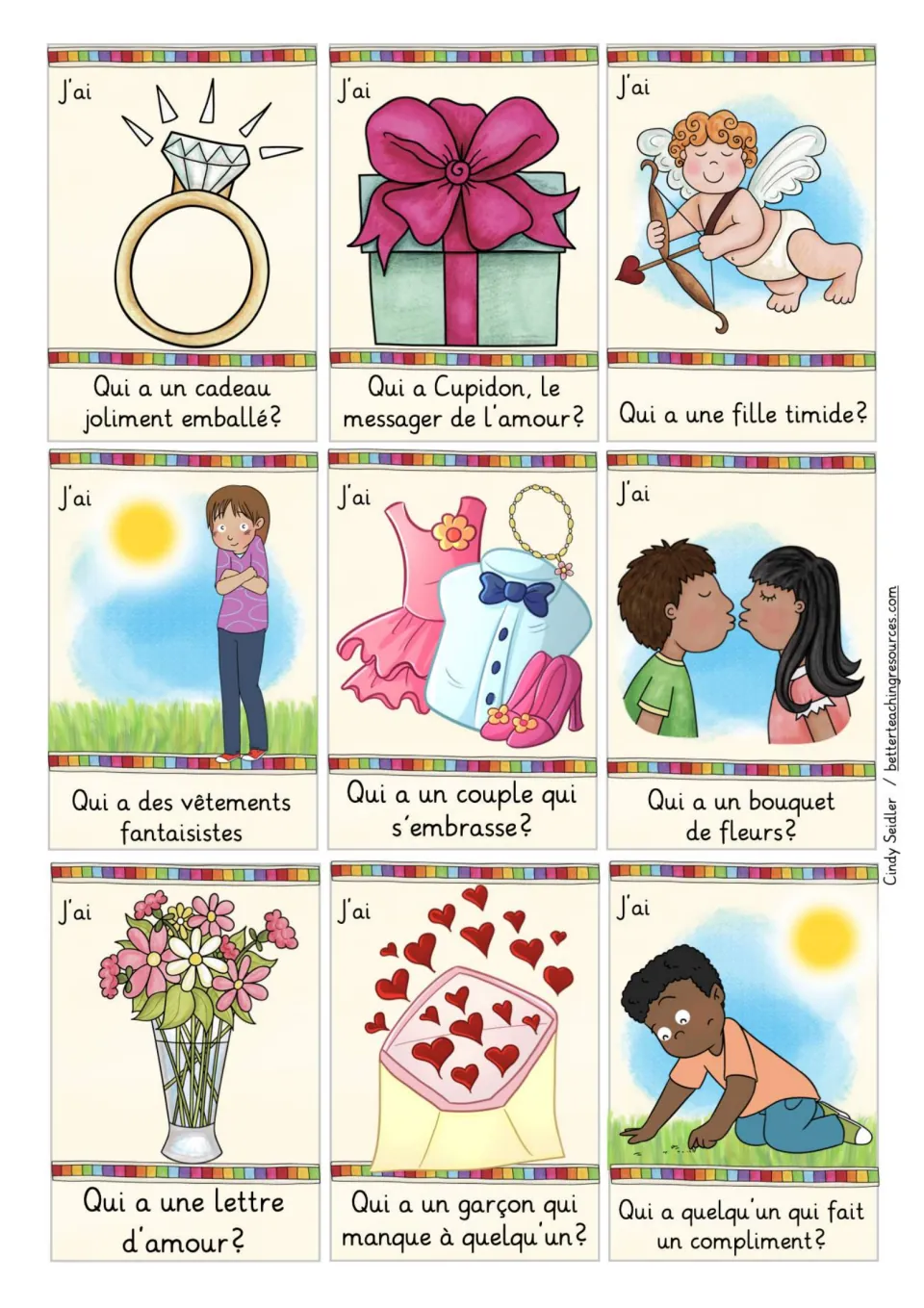 French game cards 9–17: diamond ring, gift, Cupid, shy girl, dress clothes, kiss, flowers, love letter and boy