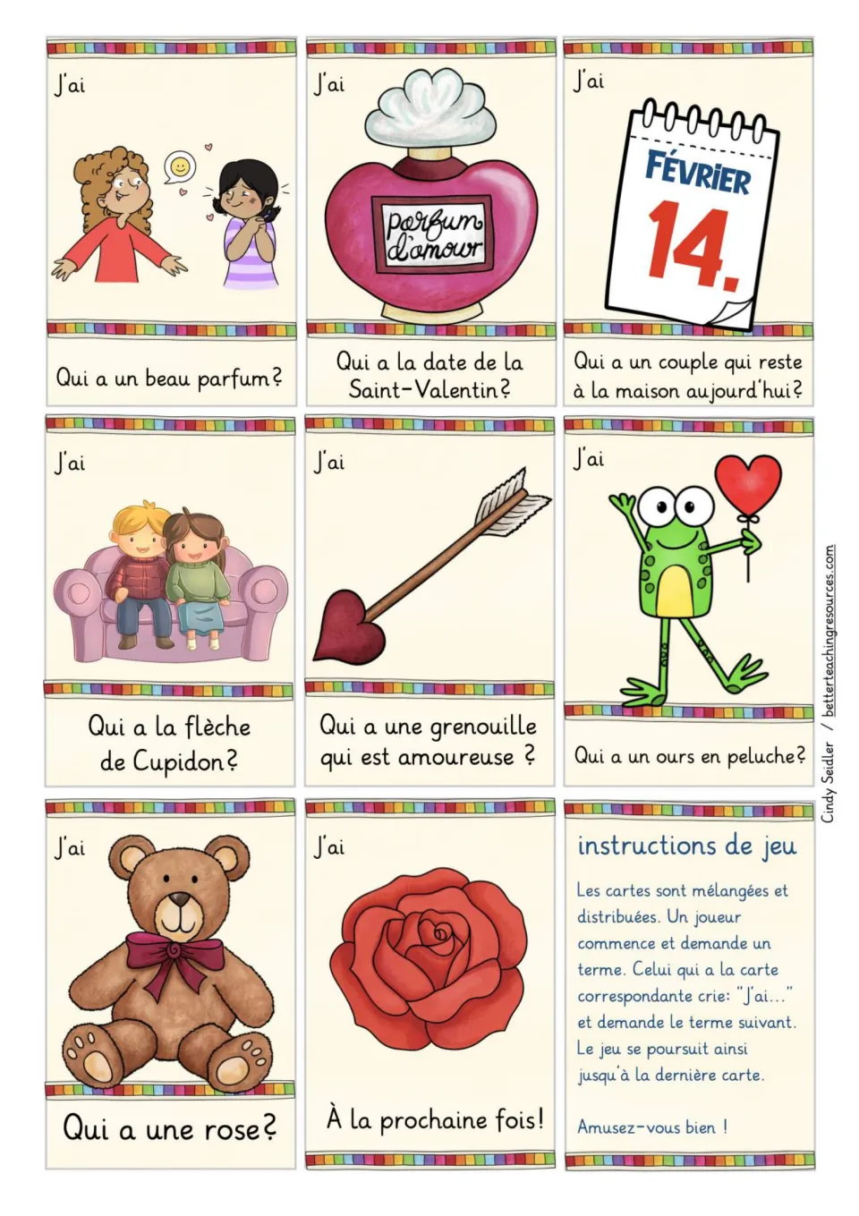 French game cards 18–25: compliment, perfume, February 14, couple, arrow, frog, teddy bear and rose; rules