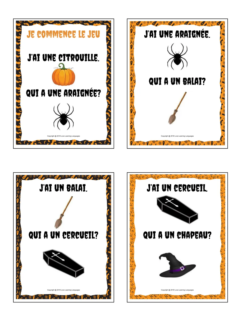 Halloween cards 1–4: start card with citrouille (pumpkin), araignée (spider), balai (broom), cercueil (coffin)