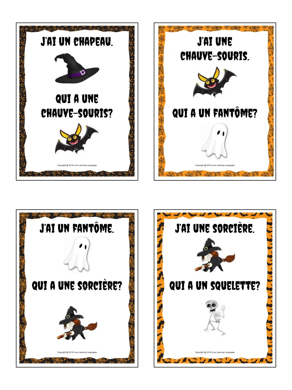 Cards 5–8 of the Halloween game: chapeau (hat), chauve-souris (bat), fantôme (ghost) and sorcière (witch)