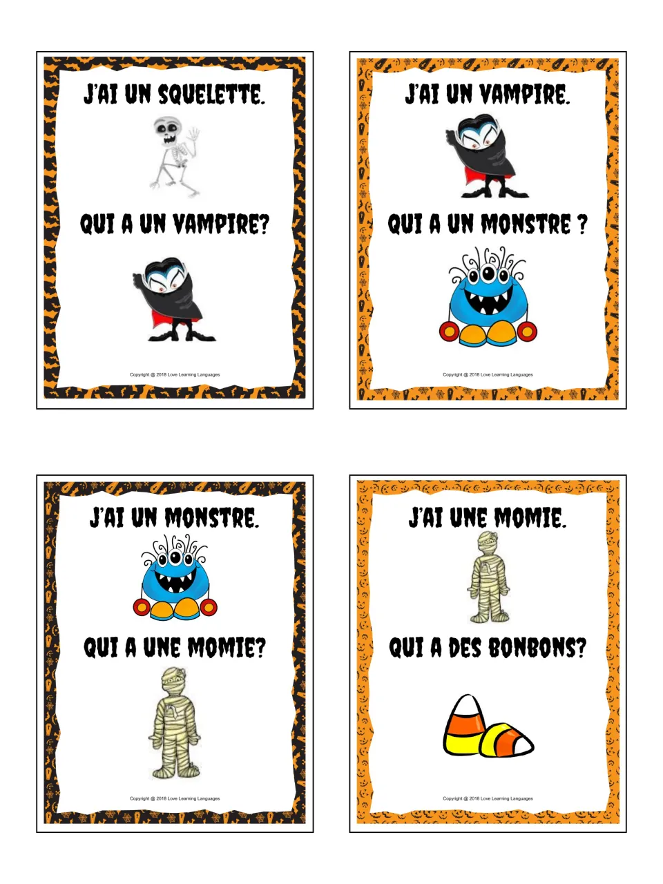 Cards 9–12 of the French set: squelette (skeleton), vampire, monstre (monster) and momie (mummy) with pictures