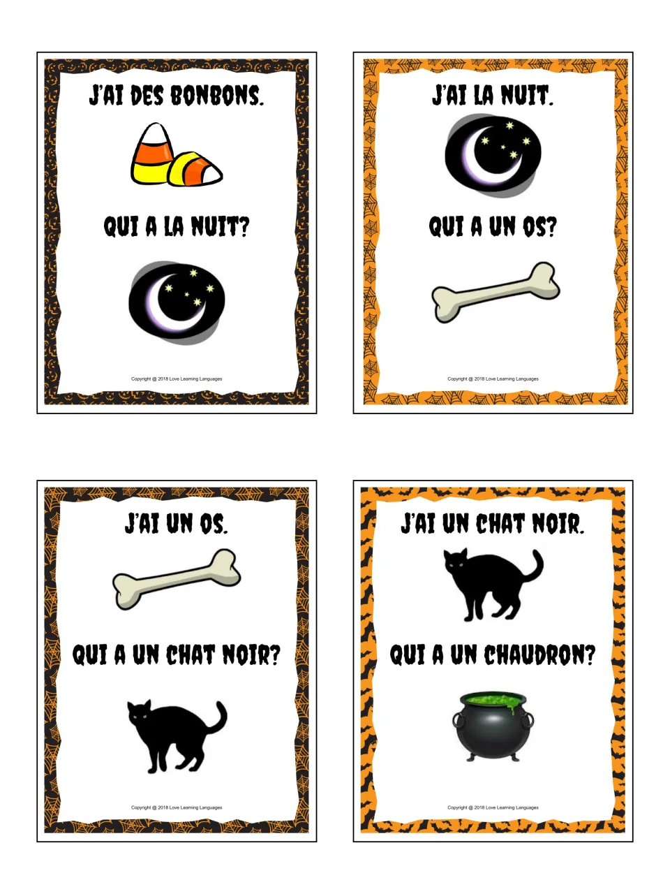 Cards 13–16 with 'J'ai des bonbons' (candy), la nuit (night), un os (bone) and un chat noir (black cat)