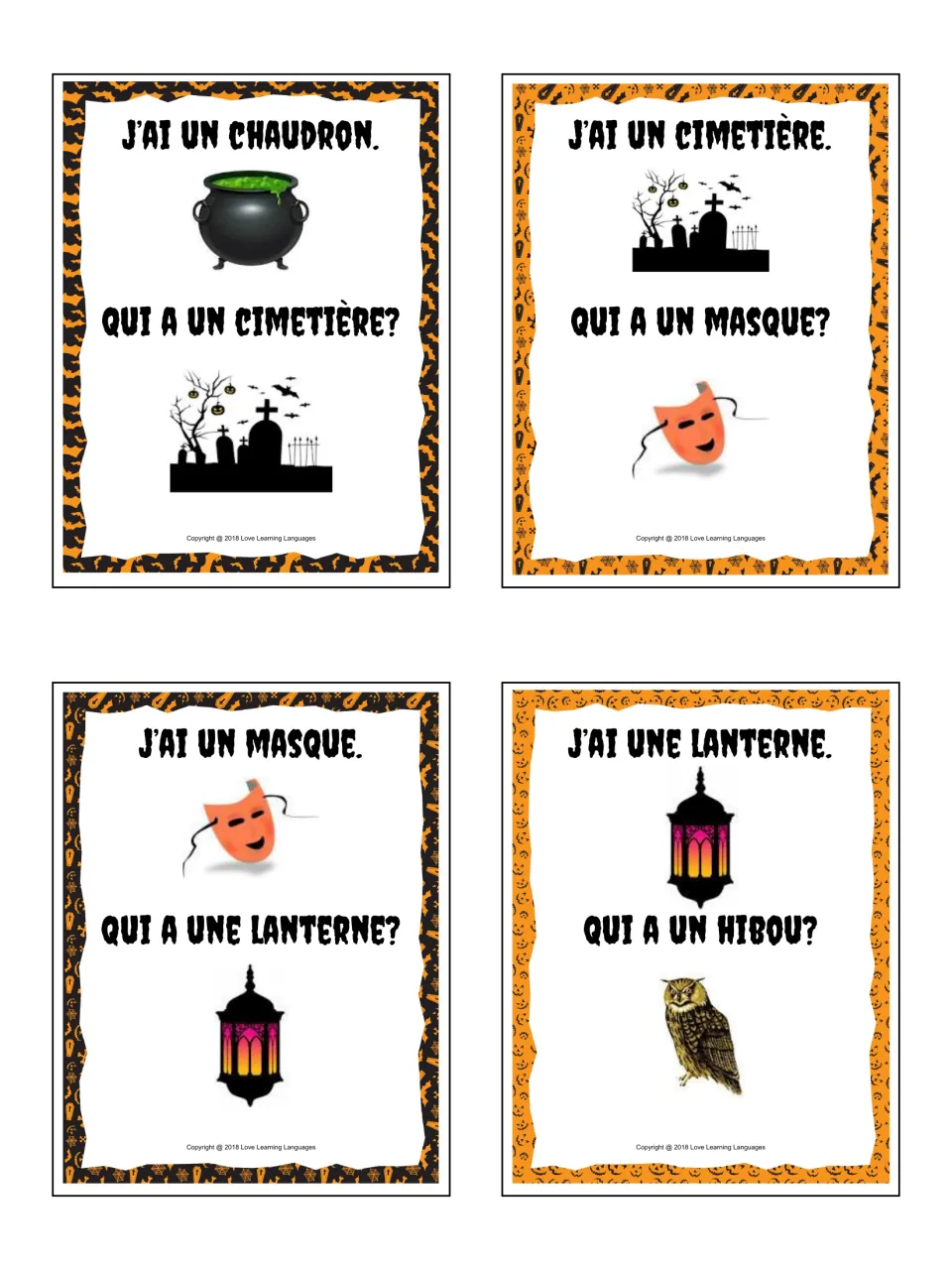 Cards 17–20: J'ai un chaudron (cauldron), un cimetière (cemetery), un masque (mask) and une lanterne (lantern)