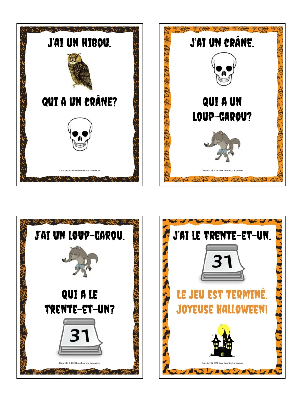 Last cards 21–24: hibou (owl), crâne (skull), loup-garou (werewolf) and le trente-et-un (31st), which ends the game