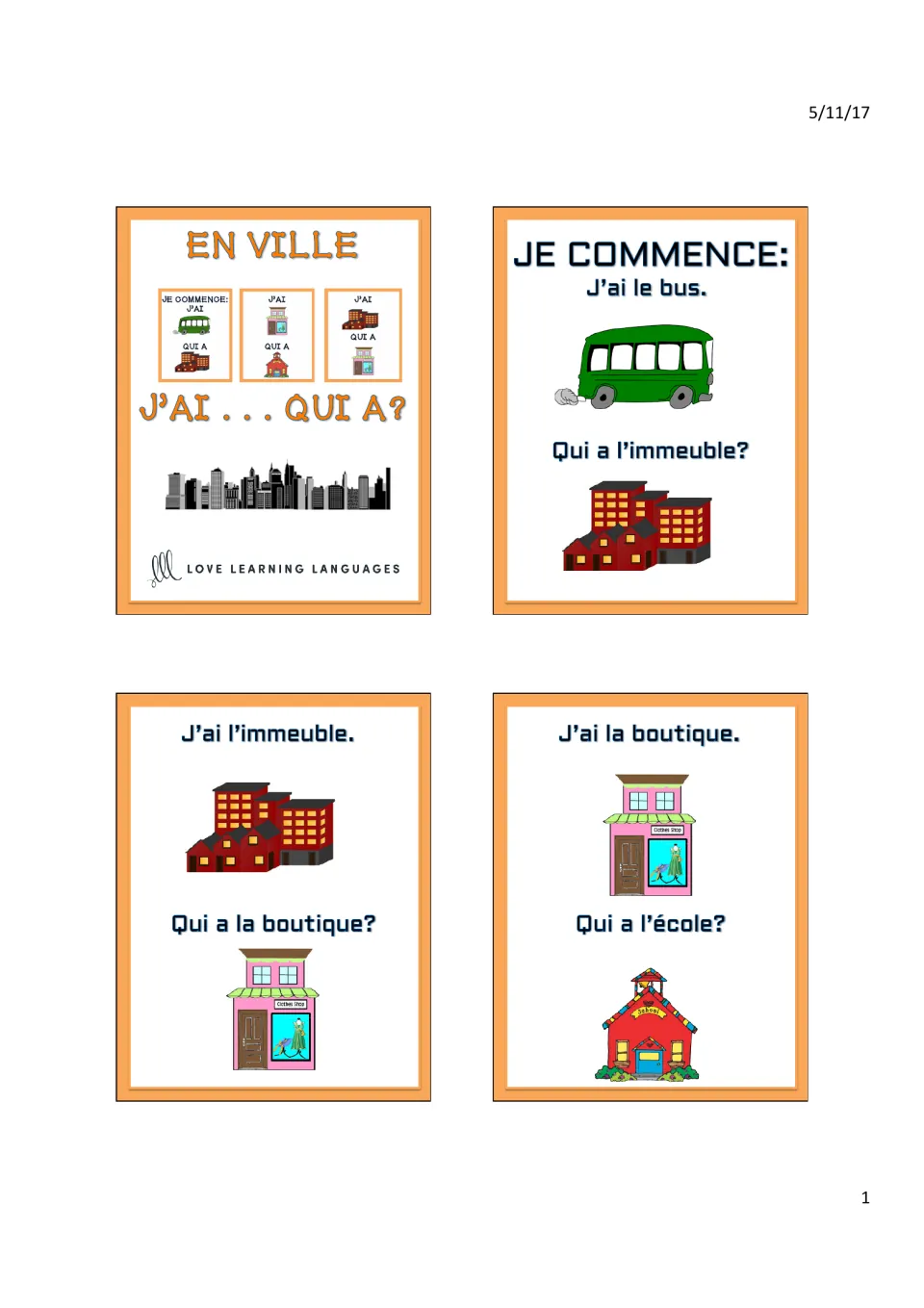 En Ville title card and first cards: start card 'J'ai le bus' (bus), then l'immeuble (building), la boutique (shop)