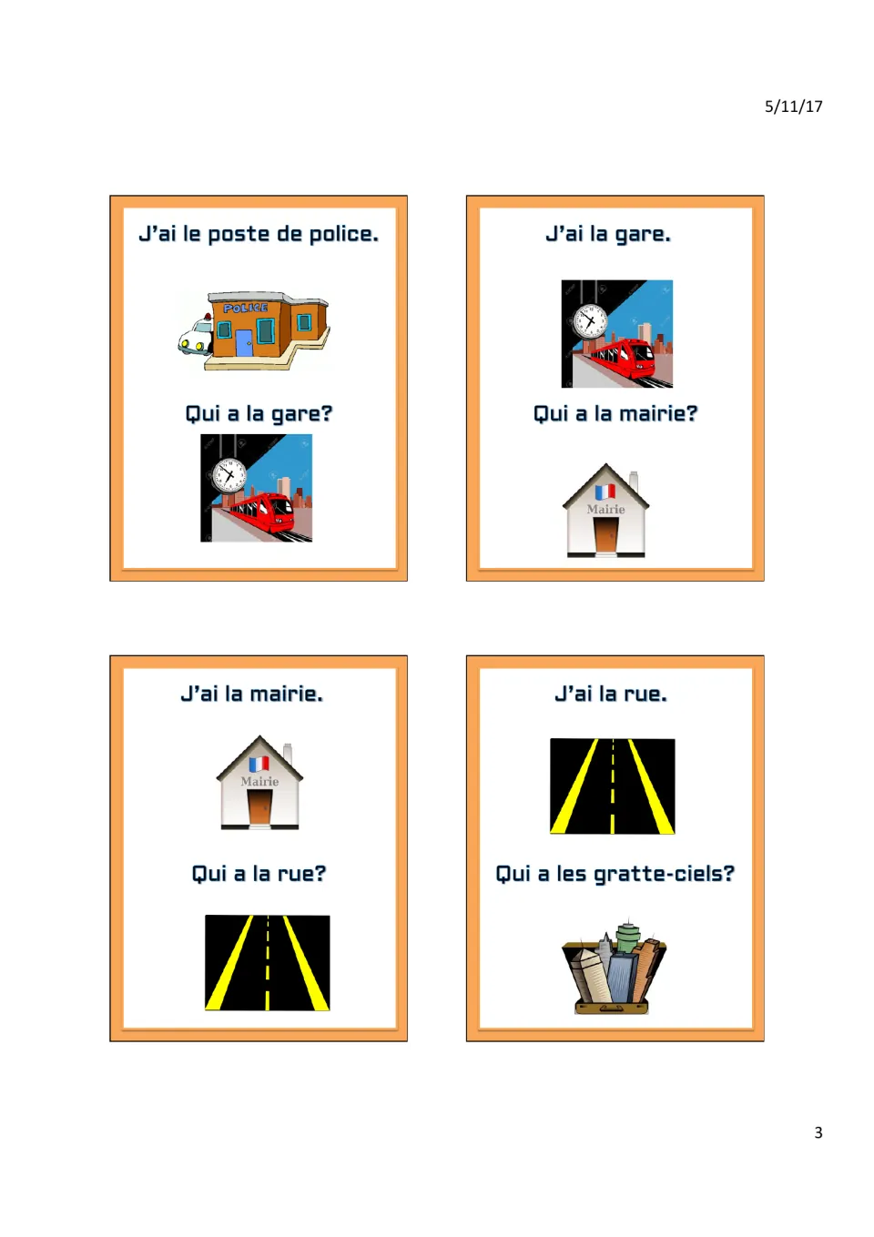 Cards for le poste de police (police station), la gare (train station), la mairie (city hall), la rue (street)