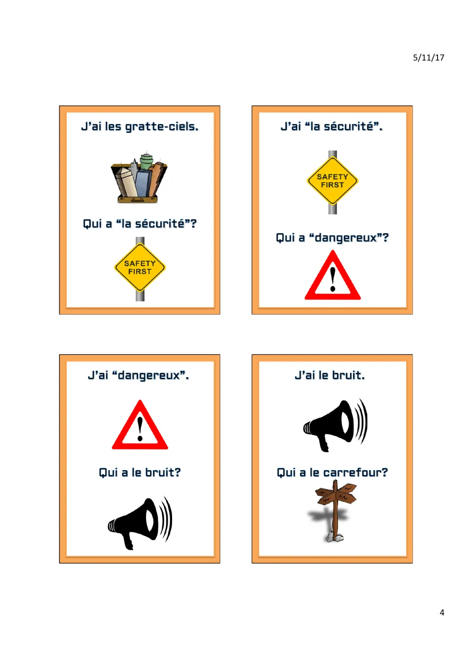 Cards for les gratte-ciels (skyscrapers), la sécurité (safety), dangereux (dangerous), le bruit (noise)