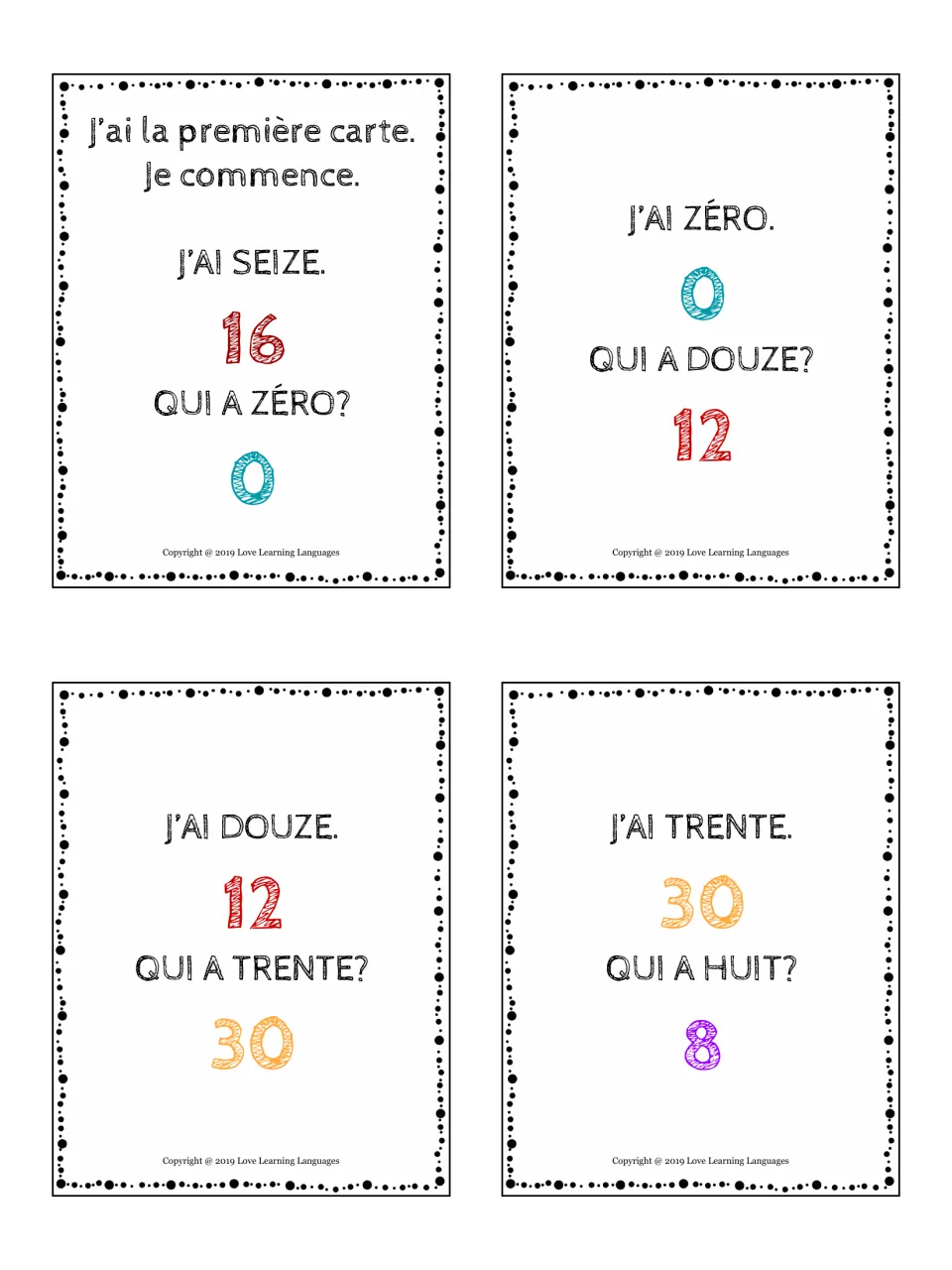 French numbers chain game: starter card J'ai seize, qui a zéro? then cards for 0, 12 and 30 asking for 12, 30 and 8