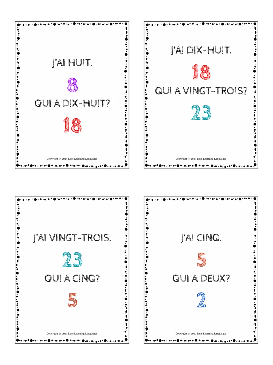 French number cards for listening practice: J'ai huit, dix-huit, vingt-trois and cinq, each asking Qui a for the next one