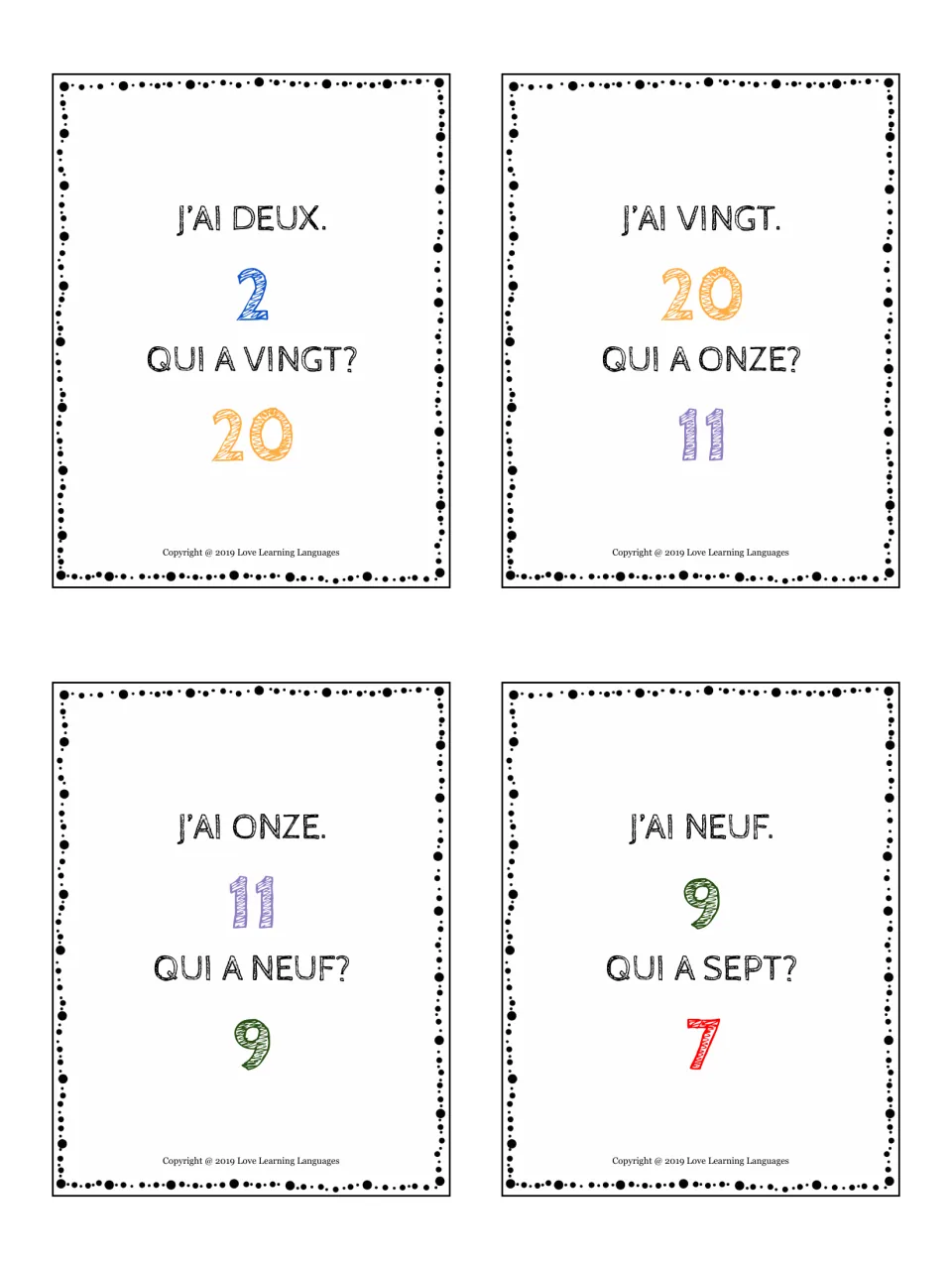 French numbers loop cards: students holding deux, vingt, onze and neuf read them aloud and ask for 20, 11, 9 and 7 next