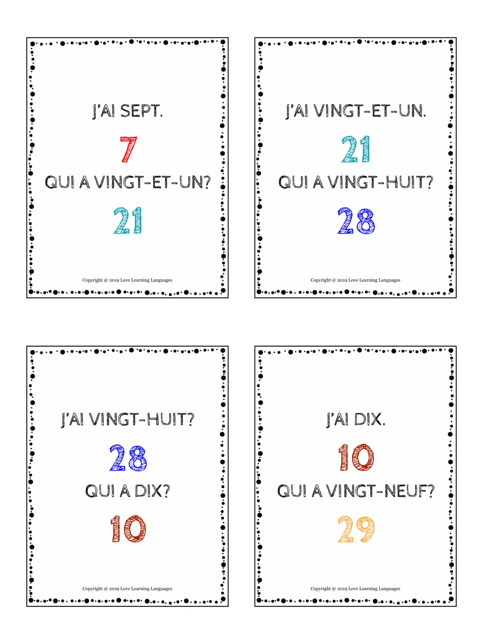 French number game cards for sept, vingt-et-un, vingt-huit and dix, calling out 21, 28, 10 and 29 to keep the chain going