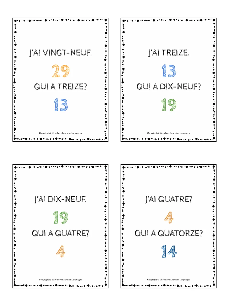French number cards 29, 13, 19 and 4: each holder says the number, then asks Qui a treize, dix-neuf, quatre or quatorze