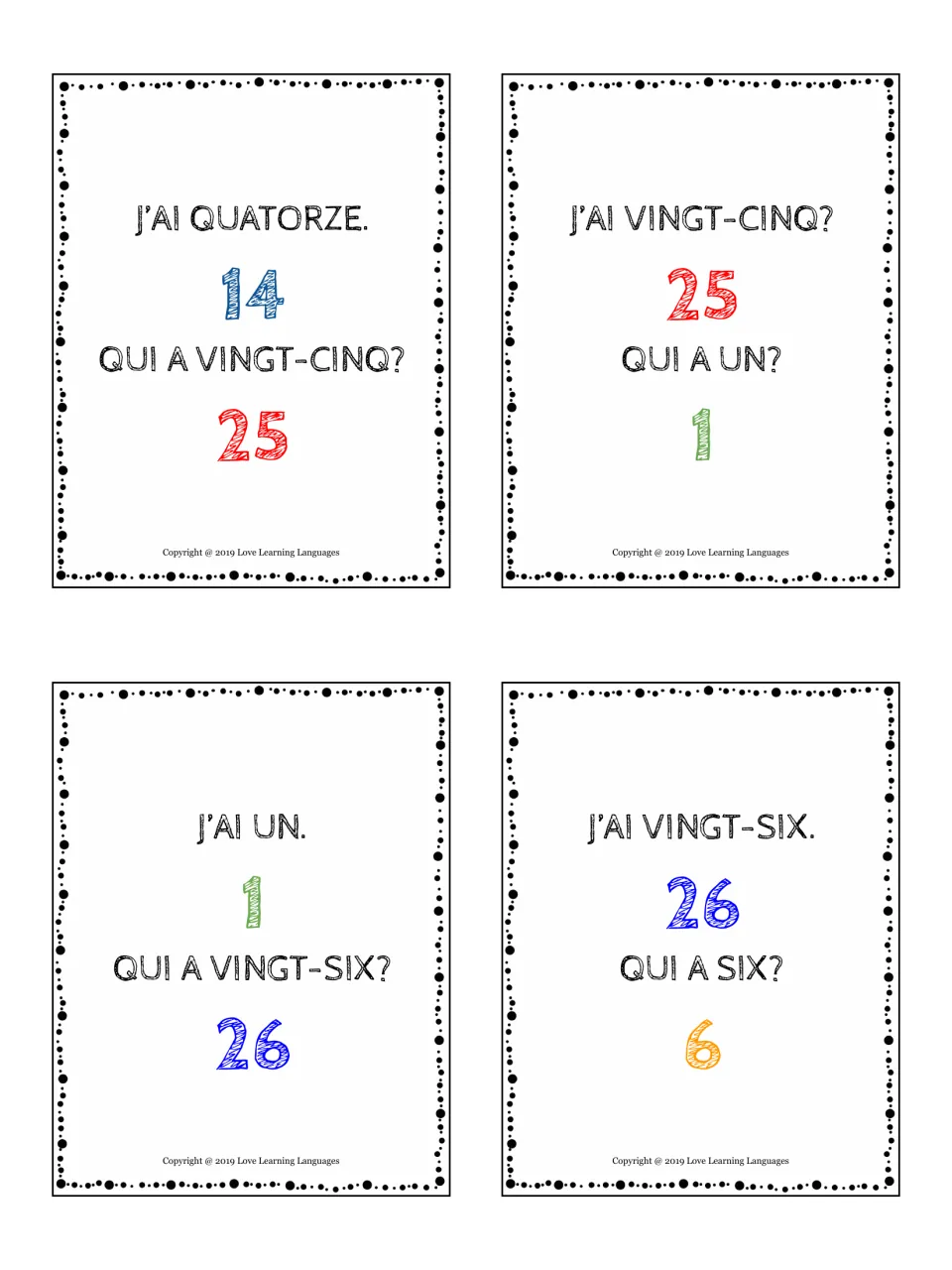 French counting chain cards for quatorze, vingt-cinq, un and vingt-six, with players asking who has 25, 1, 26 and 6