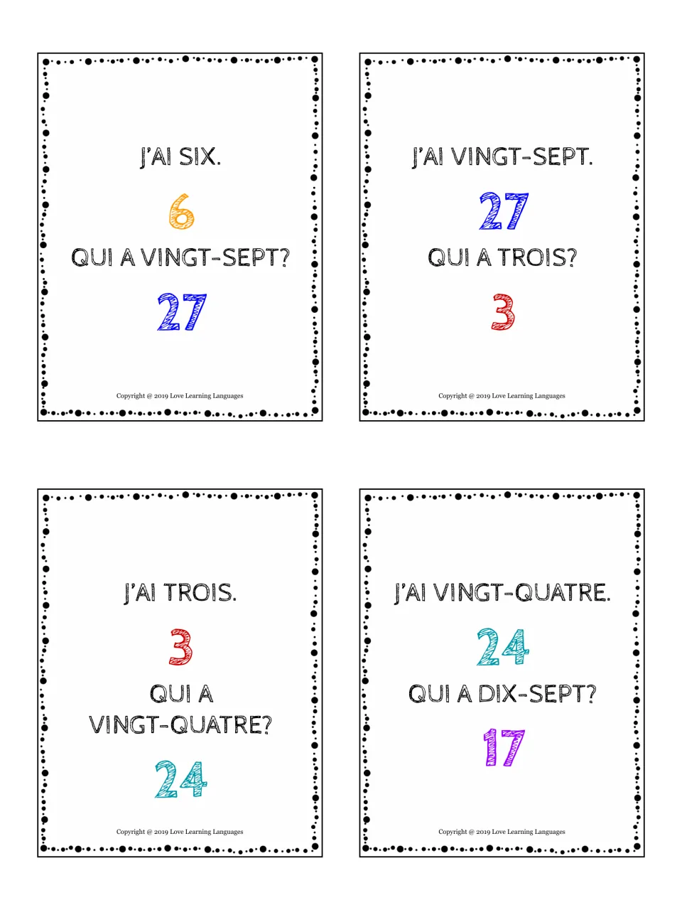 French spoken numbers practice cards: J'ai six, vingt-sept, trois and vingt-quatre, prompting for 27, 3, 24 and 17 in turn