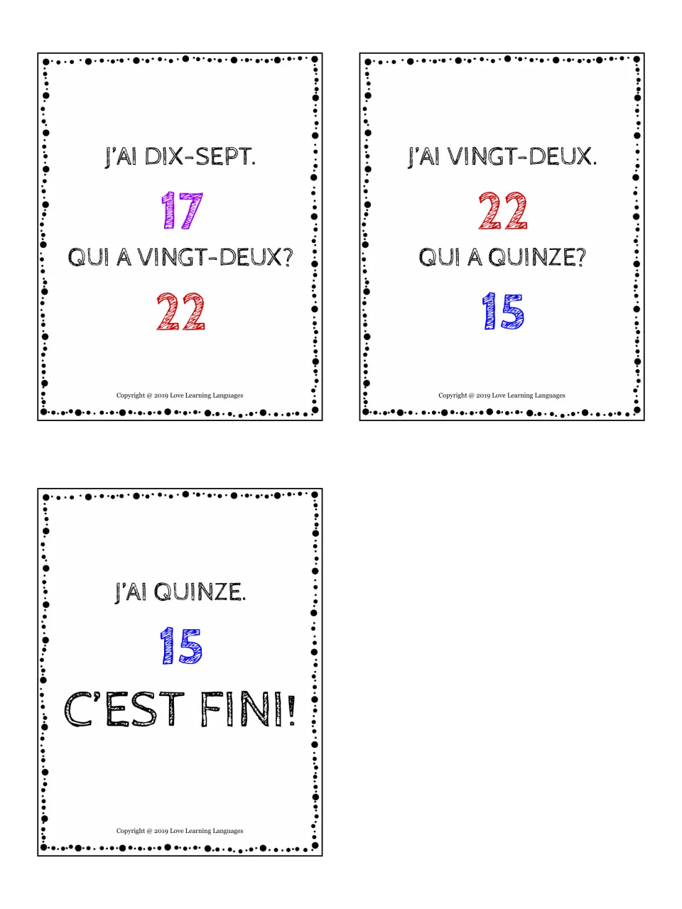 Final French number cards: dix-sept asks for 22, vingt-deux asks for 15, and J'ai quinze ends the game with C'est fini!